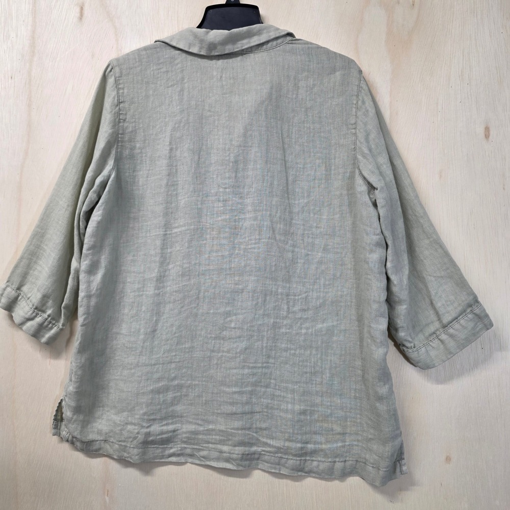 Tahari Linen Tunic Top Sage Green 3/4 Sleeve V-Neck Blouse Large - Picture 3 of 13